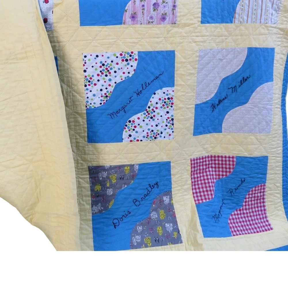 Vintage 1965‎ Handmade Friendship Quilt Embroidered Signed Patchwork Blue Yellow
